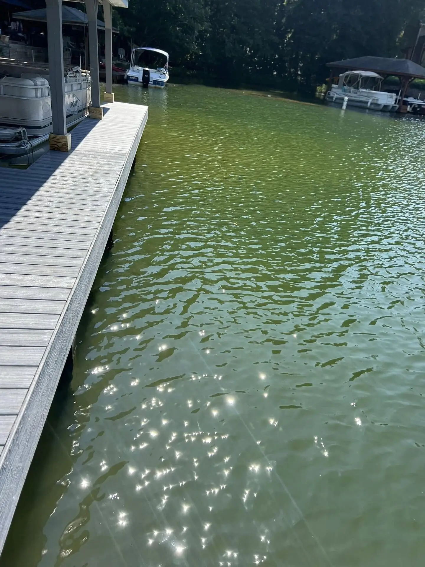 Gray composite dock walkway with covered boat slips and pontoon boats moored, lake sparkling in afternoon sun