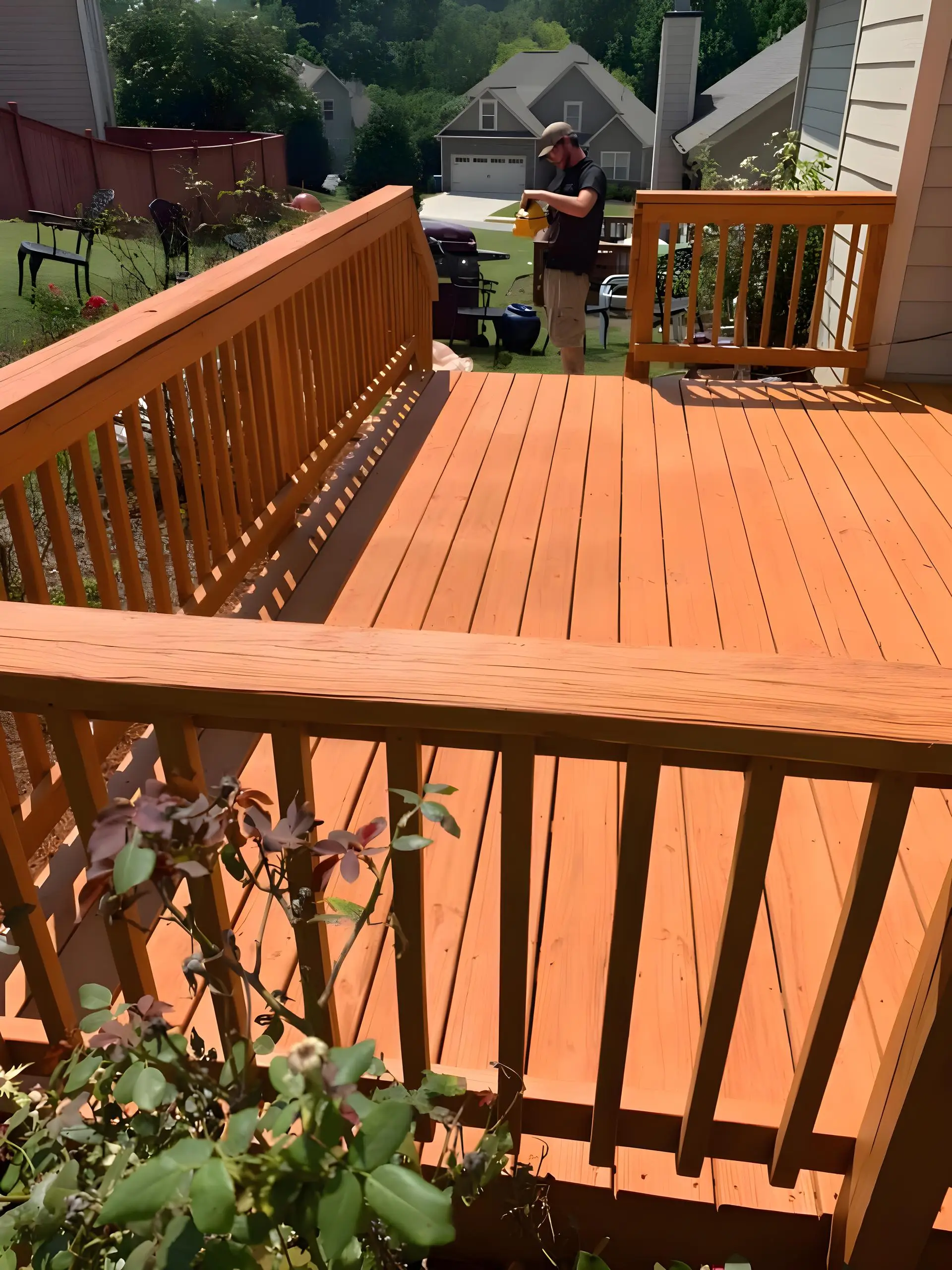 Crew staining a wood deck and rail