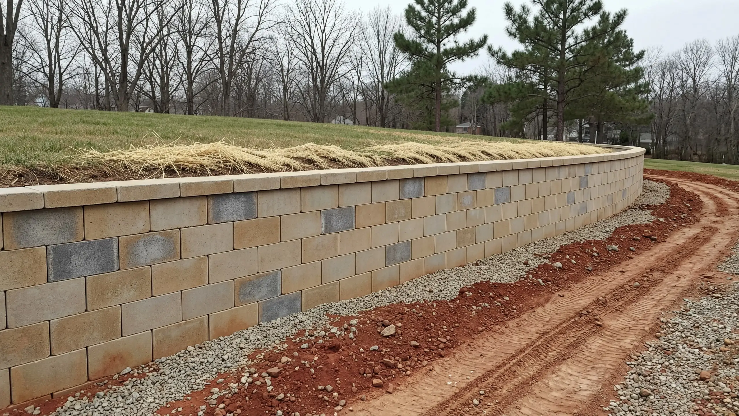 Long segmental block retaining wall curving across a yard above a graded clay drive (illustrative scenic image, not a specific job site)